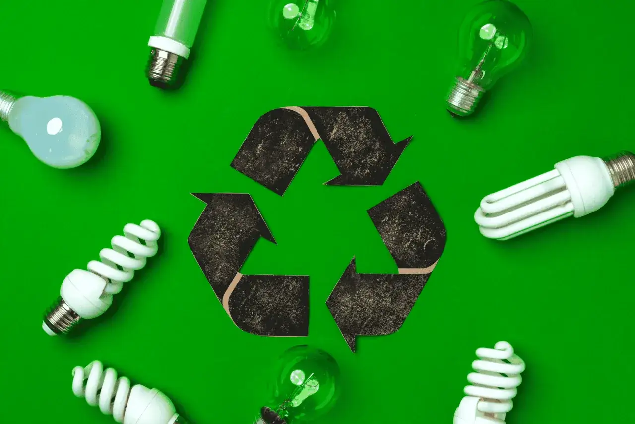 Symbol recyklingu otoczony różnymi żarówkami. Pytanie: gdzie wyrzucić żarówkę led? Odpowiedź: do punktu zbiórki elektrośmieci.