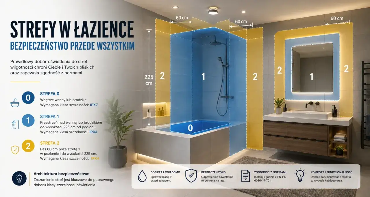 Łazienka podzielona na strefy bezpieczeństwa: 0 (wanna/brodzik, IPX7), 1 (nad wanną, IPX4) i 2 (60 cm od strefy 1, IPX4). Wybór oświetlenia IP44 lub IP65 zależy od strefy.