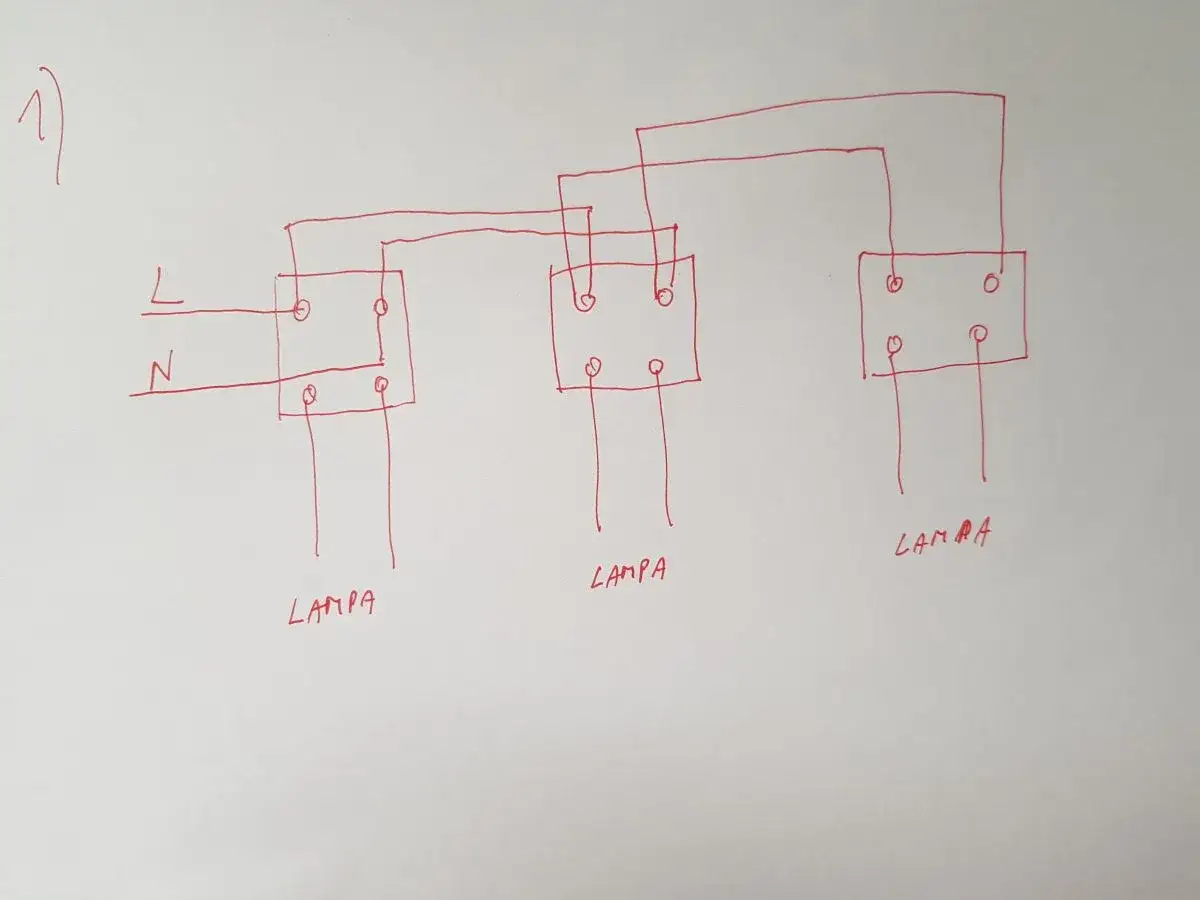 Schemat pokazuje, jak podłączyć lampy ogrodowe szeregowo. Linie L i N łączą się z pierwszymi lampami, a kolejne lampy są połączone ze sobą.