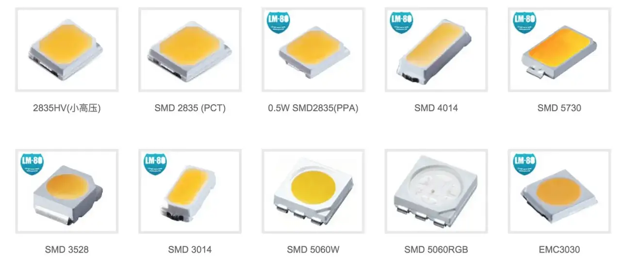 Różne rodzaje diod SMD: 2835, 4014, 5730, 3528, 3014, 5060W, 5060RGB, EMC3030.