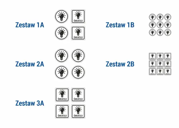 Zestawy oznaczeń włączników światła: ikony żarówki w okręgu i kwadracie z napisem "ŚWIATŁO".